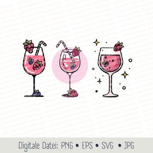 May include: Three illustrations of pink cocktails with berries and a straw. The cocktails are in different glasses, one is a tall glass, one is a short glass, and one is a wine glass.