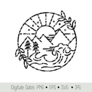 以下が含まれることがあります： 円の中に山脈、太陽、波、木2本が描かれた白黒の線画イラスト。自然の風景を思わせるデザインです。