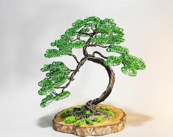 Copper wire bonsai tree, tree sculpture, twisted design, wood base, décor