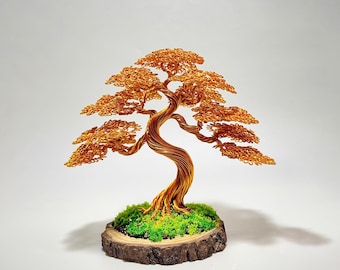 天然松のベース付き銅線盆栽、手作りワイヤーツリー彫刻、デスク装飾