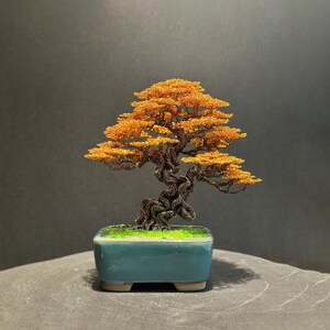 Autumn Wire Bonsai Tree – Handmade Amber Fall Decor Sculpture, Ceramic Pot Shelf Gift