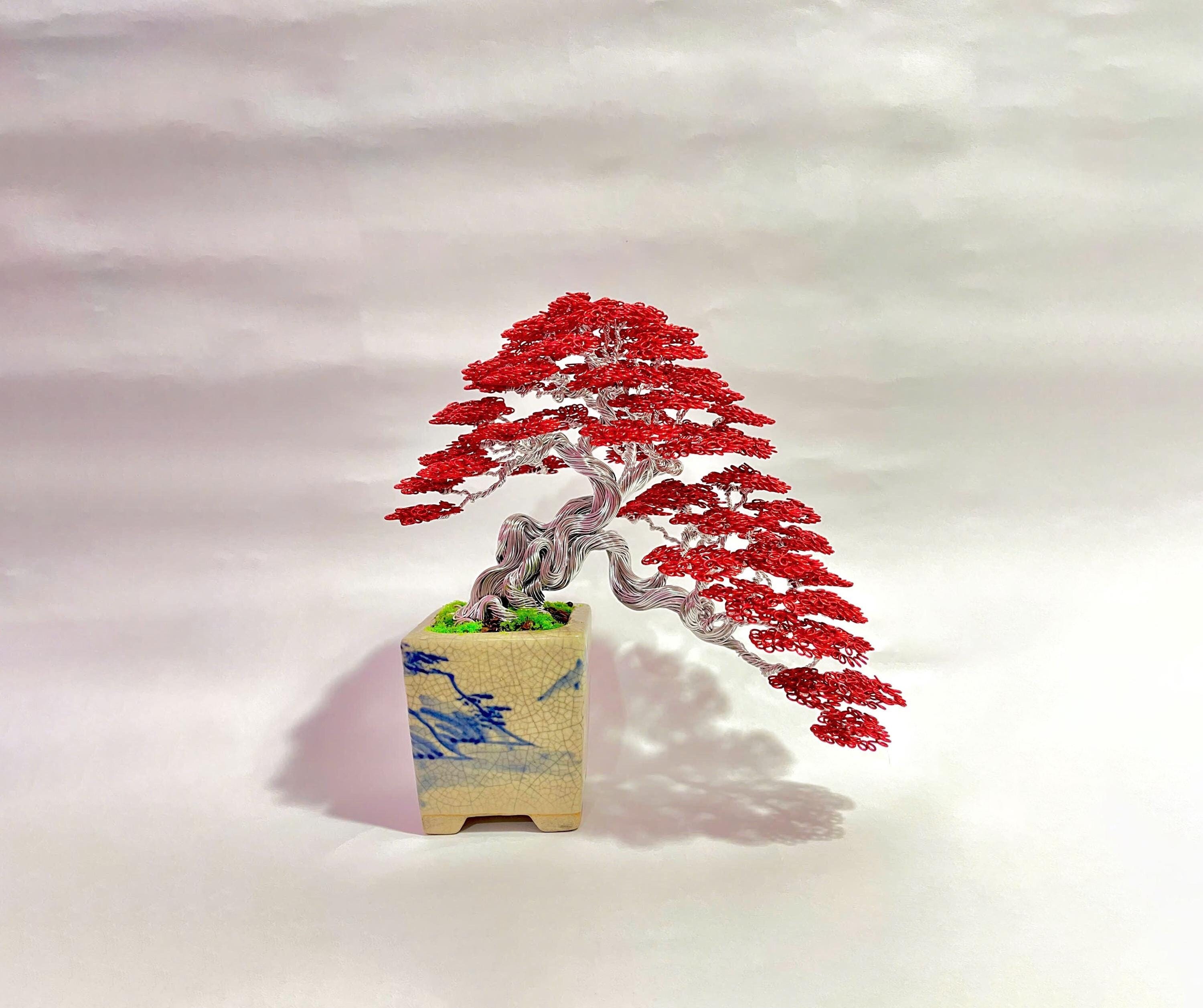 Wire Bonsai Tree With Red Leaves, Lucky Tree, Tree of Life, Desk