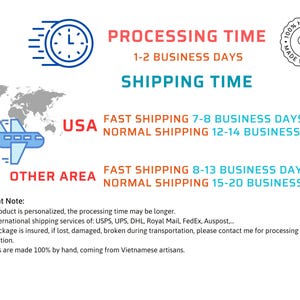 May include: A graphic showing processing and shipping times for orders. The graphic includes a clock, a plane, and a world map. The text states that processing time is 1-2 business days. Shipping times vary depending on location and shipping method.  For the USA, fast shipping is 7-8 business days and normal shipping is 12-14 business days. For other areas, fast shipping is 8-13 business days and normal shipping is 15-20 business days.  The graphic also includes an important note that if the product is personalized, the processing time may be longer.  The note also states that international shipping services are used and that each package is insured.  The graphic concludes by stating that products are made 100% by hand, coming from Vietnamese artisans.