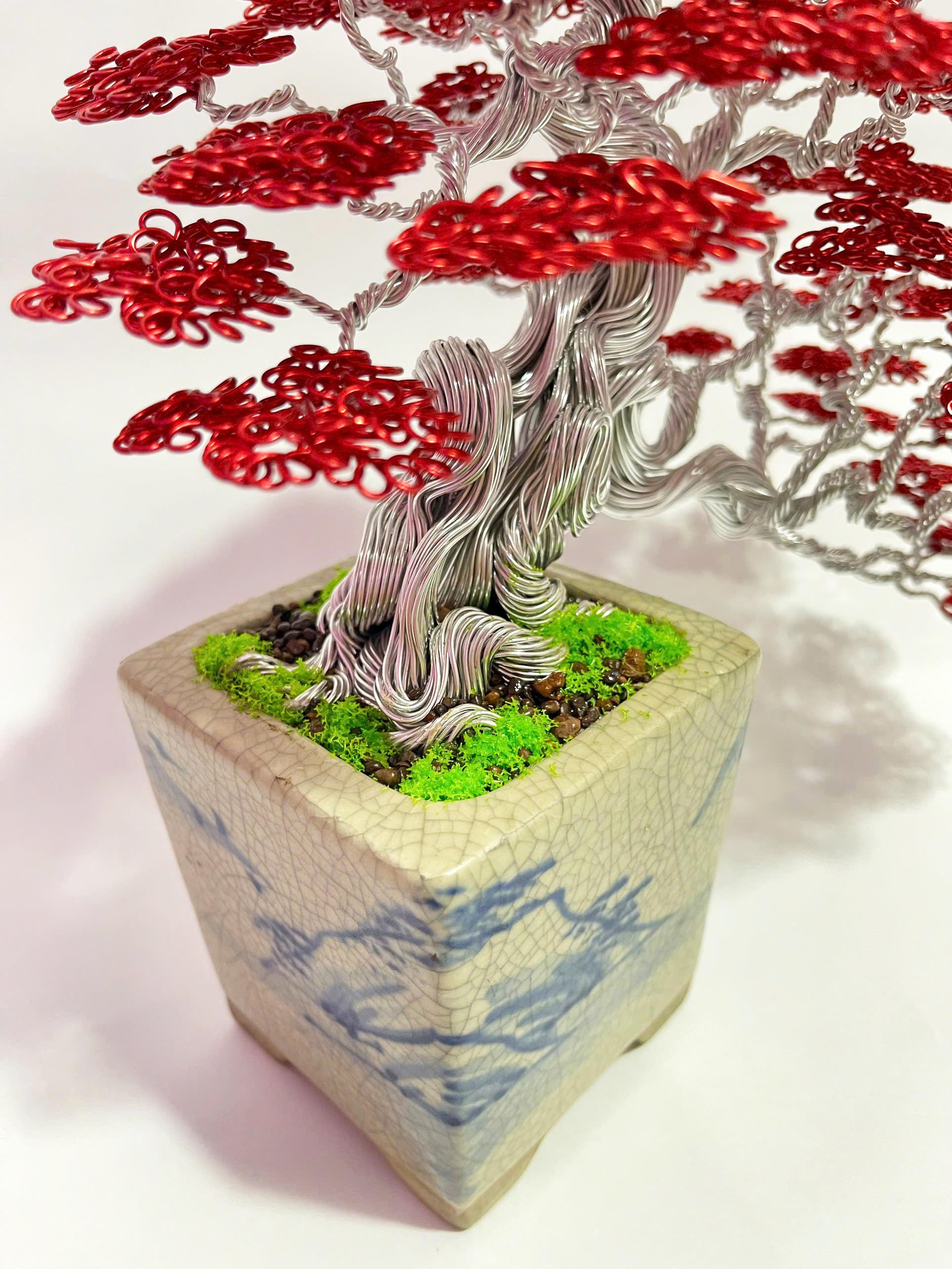 Wire Bonsai Tree With Red Leaves, Lucky Tree, Tree of Life, Desk