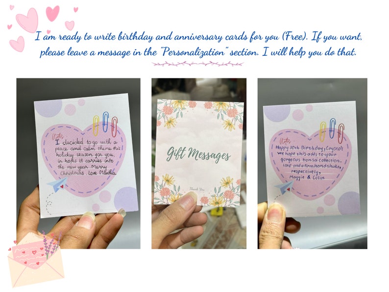 Puede incluir: Tres tarjetas escritas a mano con corazones rosas y clips de papel de colores. Las tarjetas tienen diferentes mensajes, que incluyen "Decid&iacute; ir con un tema de paz y tranquilidad para esta temporada navide&ntilde;a para ti." y "&iexcl;Feliz cumplea&ntilde;os n&uacute;mero 10, Crystal! Esperamos que esto se sume a tu magn&iacute;fica colecci&oacute;n de bons&aacute;is."