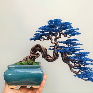 Draht Bonsai Baum mit blauen Blättern, Draht Baum Skulptur, Kupferdraht Bonsai Baum, Bücherregal, Muttertagsgeschenk, Baum des Lebens Bild 4