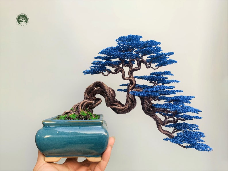 Wire bonsai tree with blue leaves, Bonsai tree, Wire tree sculpture, Copper wire bonsai tree, bookcase, Mother Day gift, Tree of Life image 4