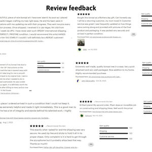 May include: Five customer reviews for a wire bonsai art business. Each review includes a five-star rating, a comment, and a rating for item quality, shipping, and customer service. The reviews are positive and highlight the quality of the bonsai art, the speed of shipping, and the excellent customer service.