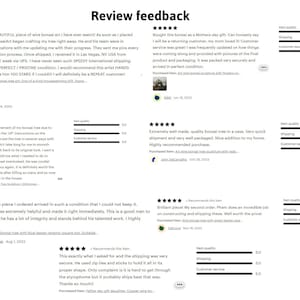 Puede incluir: Cinco rese&ntilde;as de clientes para un vendedor de &aacute;rboles bons&aacute;i en Etsy. Cada rese&ntilde;a incluye una calificaci&oacute;n de cinco estrellas, un comentario y un desglose de la calidad del art&iacute;culo, el env&iacute;o y la atenci&oacute;n al cliente.