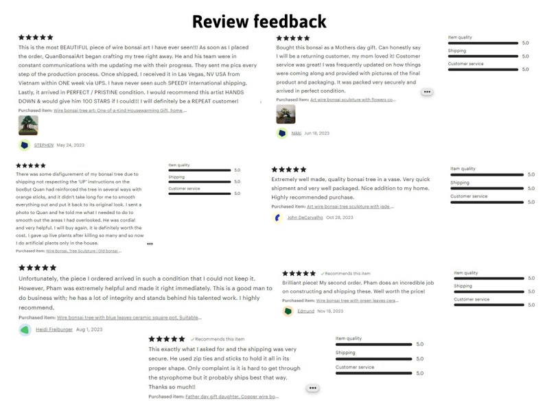 Puede incluir: Cinco rese&ntilde;as de clientes para un vendedor de &aacute;rboles bons&aacute;i en Etsy. Cada rese&ntilde;a incluye una calificaci&oacute;n de cinco estrellas, un comentario y un desglose de la calidad del art&iacute;culo, el env&iacute;o y la atenci&oacute;n al cliente.