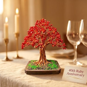 Ruby Red Tree of Life – 40th Anniversary Gift for Parents, Handmade Gemstone Bonsai Art