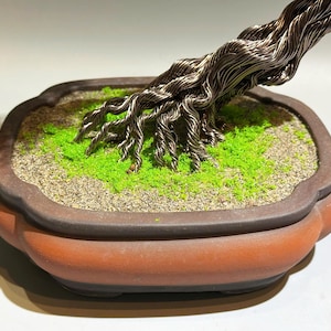 May include: A wire bonsai tree with a thick trunk and intricate branches, resting in a brown ceramic pot with green moss and brown gravel.