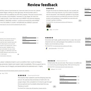 May include: Five customer reviews for a bonsai tree seller on Etsy. Each review includes a five-star rating, a comment, and a breakdown of item quality, shipping, and customer service.