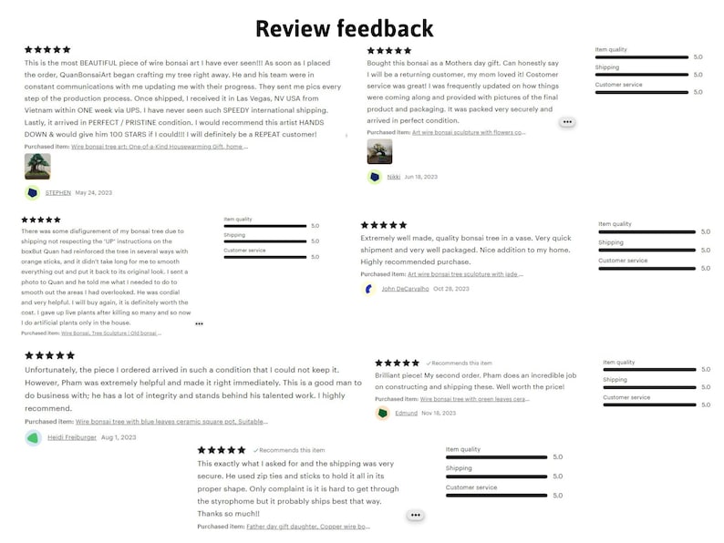 May include: Five customer reviews for a bonsai tree seller on Etsy. Each review includes a five-star rating, a comment, and a breakdown of item quality, shipping, and customer service.