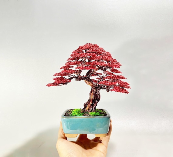 Copper Wire Bonsai Tree With Red Leaves, Anniversary Gift