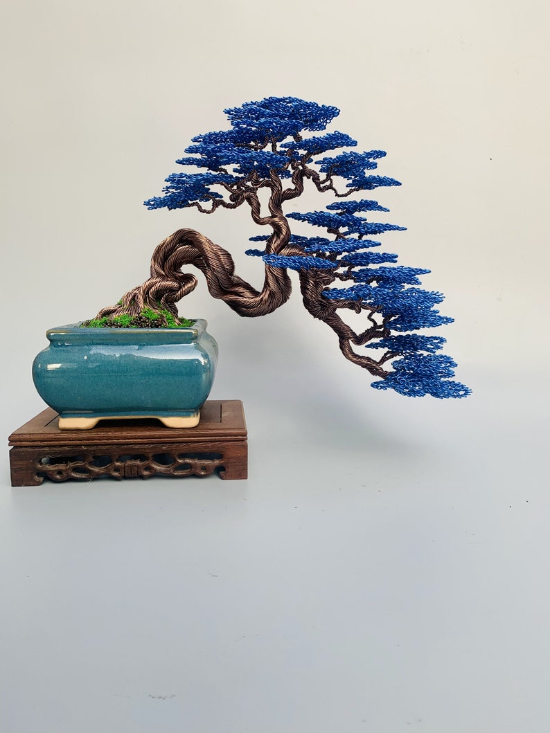 Draht Bonsai Baum mit blauen Blättern, Draht Baum Skulptur, Kupferdraht Bonsai Baum, Bücherregal, Muttertagsgeschenk, Baum des Lebens Bild 3