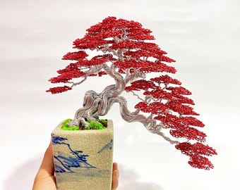 Wire Bonsai Tree With Red Leaves, Lucky Tree, Tree of Life, Desk