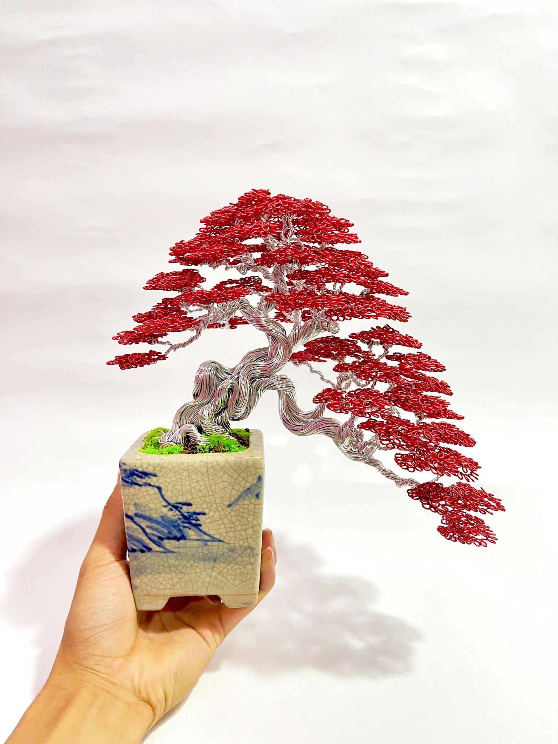 Wire Bonsai Tree With Red Leaves, Lucky Tree, Tree of Life, Desk