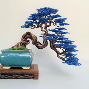 Wire bonsai tree with blue leaves, Bonsai tree, Wire tree sculpture, Copper wire bonsai tree, bookcase, Mother Day gift, Tree of Life image 2