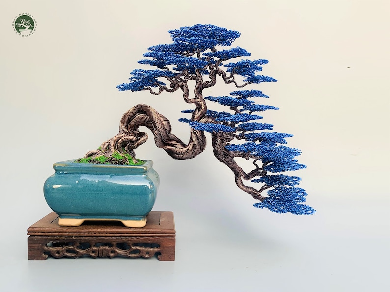 Draht Bonsai Baum mit blauen Blättern, Draht Baum Skulptur, Kupferdraht Bonsai Baum, Bücherregal, Muttertagsgeschenk, Baum des Lebens Bild 2