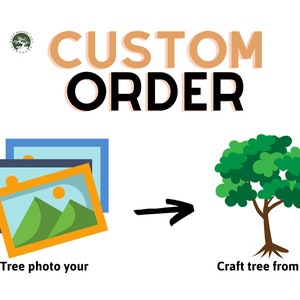 May include: A diagram showing how to create a custom wire tree from a photo. A photo of a tree is shown on the left, with an arrow pointing to a wire tree on the right. The text "Custom Order" is at the top of the image. The text "Tree photo your" is below the photo and the text "Craft tree from wire" is below the wire tree.