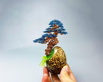 Copper wire bonsai tree with blue leaves on the egg, Bonsai tree, Wire tree sculpture, bookcase, Mother's Day gift