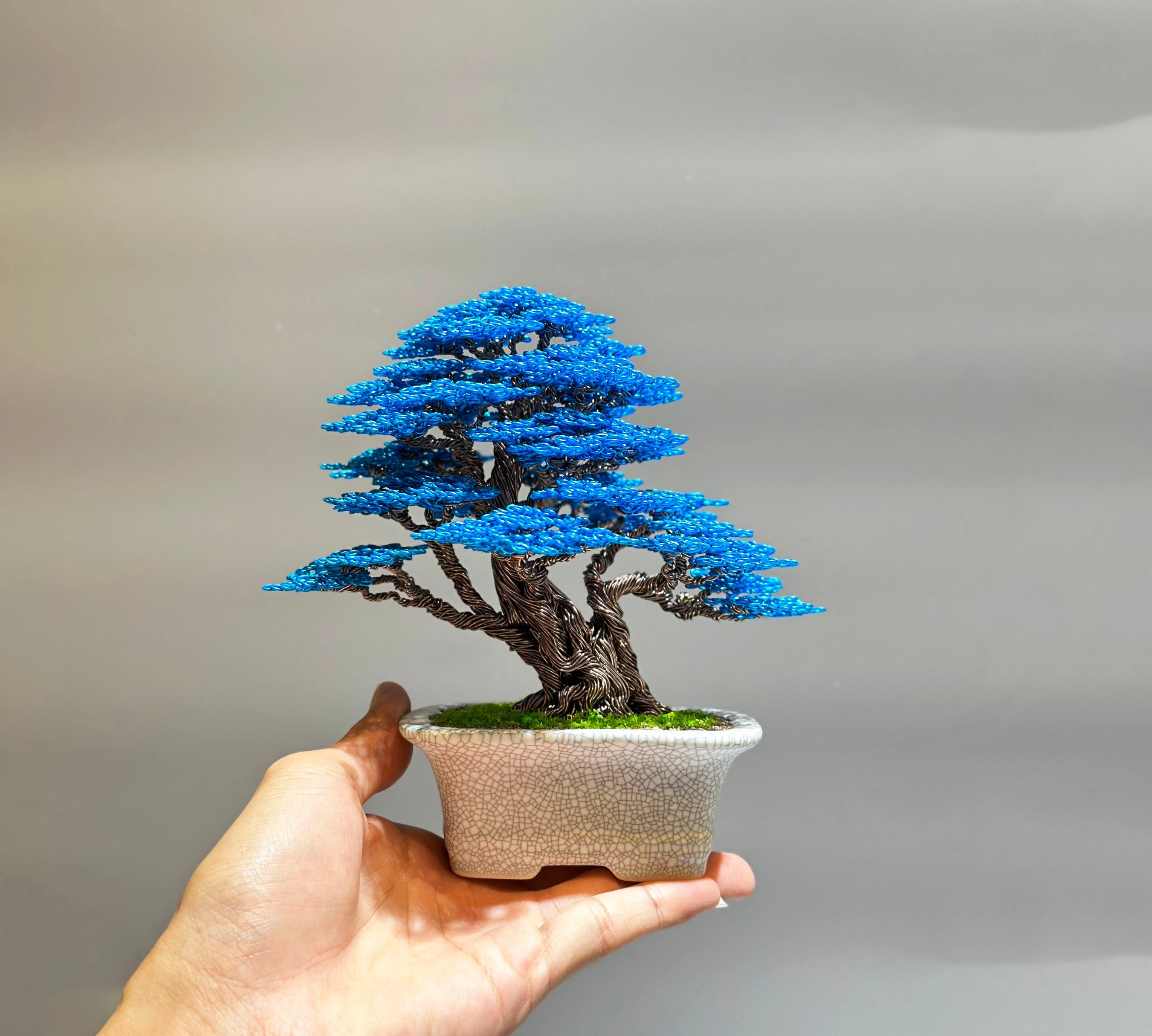 盆栽 jolly Wire Bonsai Tree With Light Blue Leaves, Japanese Handmade Pot