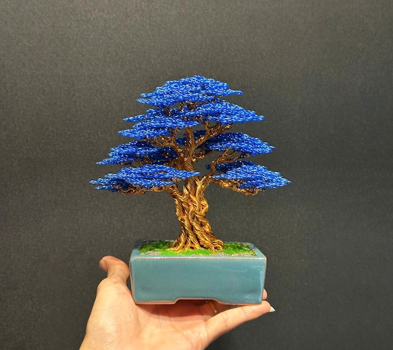 Blue & Gold Wire Bonsai Tree – Handmade Sculpture, Coastal Home