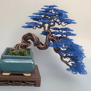 Draht Bonsai Baum mit blauen Blättern, Draht Baum Skulptur, Kupferdraht Bonsai Baum, Bücherregal, Muttertagsgeschenk, Baum des Lebens Bild 5