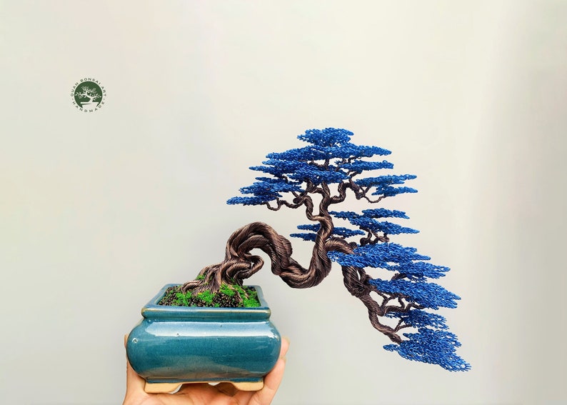 Wire bonsai tree with blue leaves, Bonsai tree, Wire tree sculpture, Copper wire bonsai tree, bookcase, Mother Day gift, Tree of Life image 1