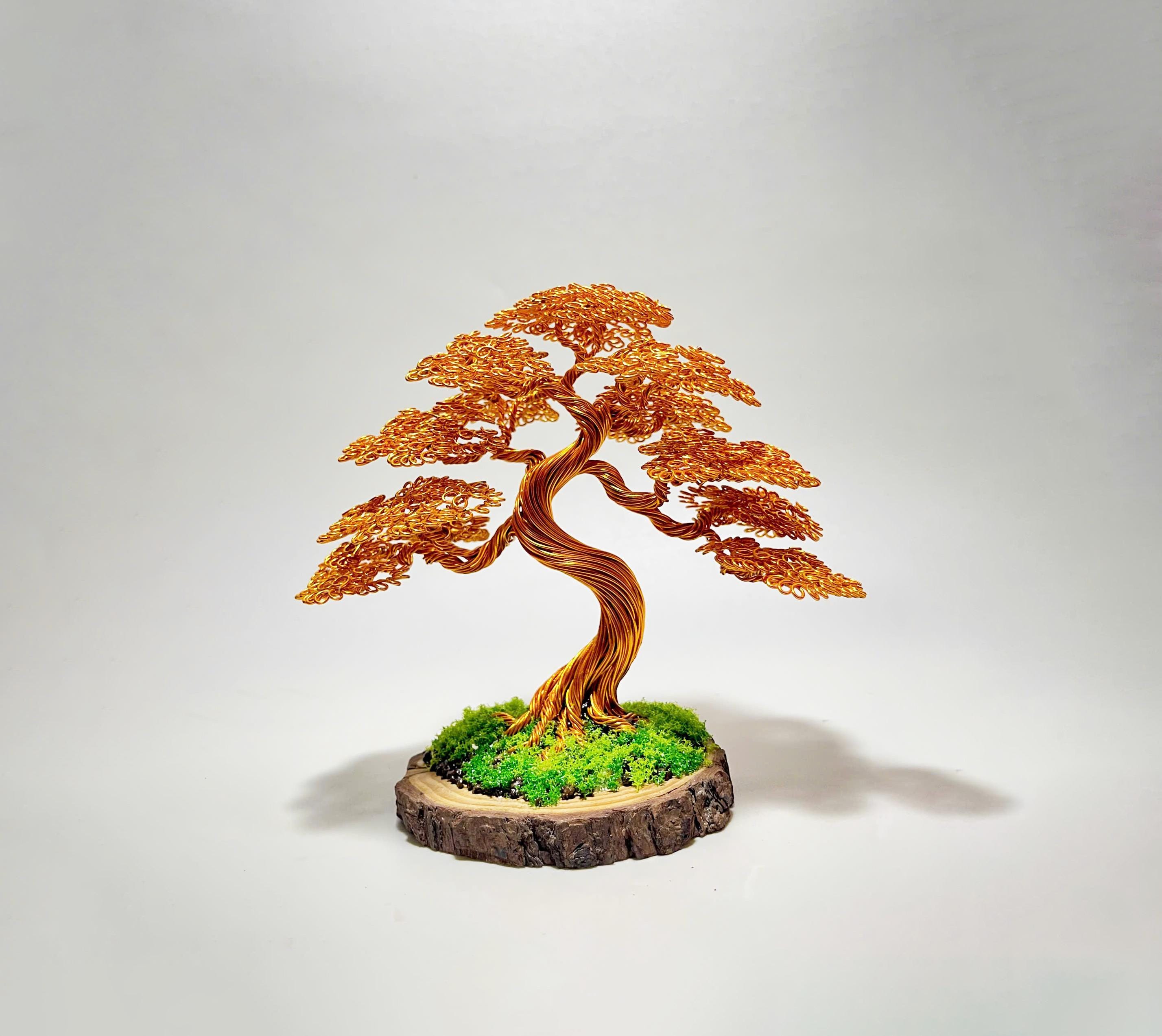 天然松のベース付き銅線盆栽、手作りワイヤーツリー彫刻、デスク装飾