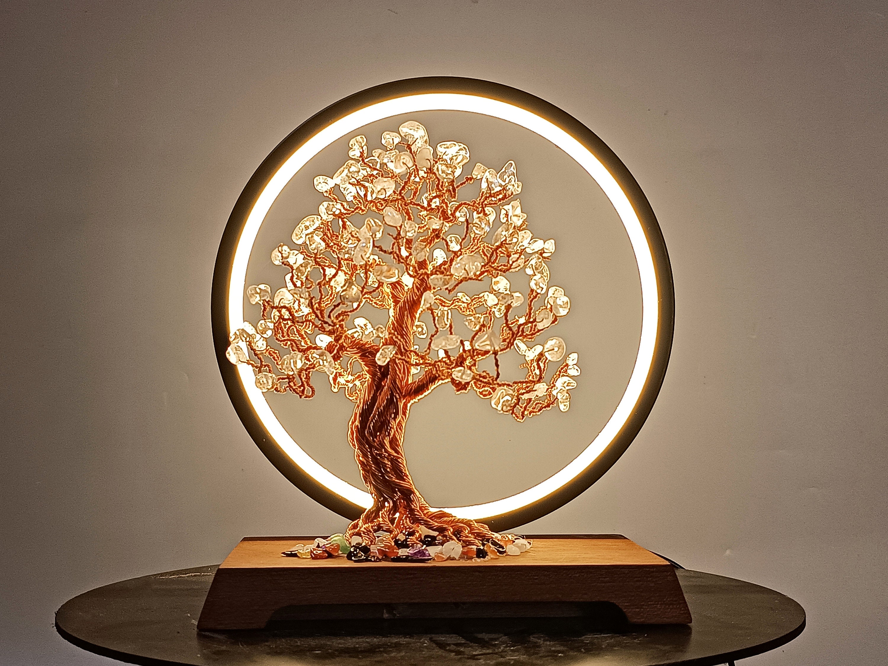 Art Wire Bonsai Tree Sculpture With White Quartz LED Night Etsy