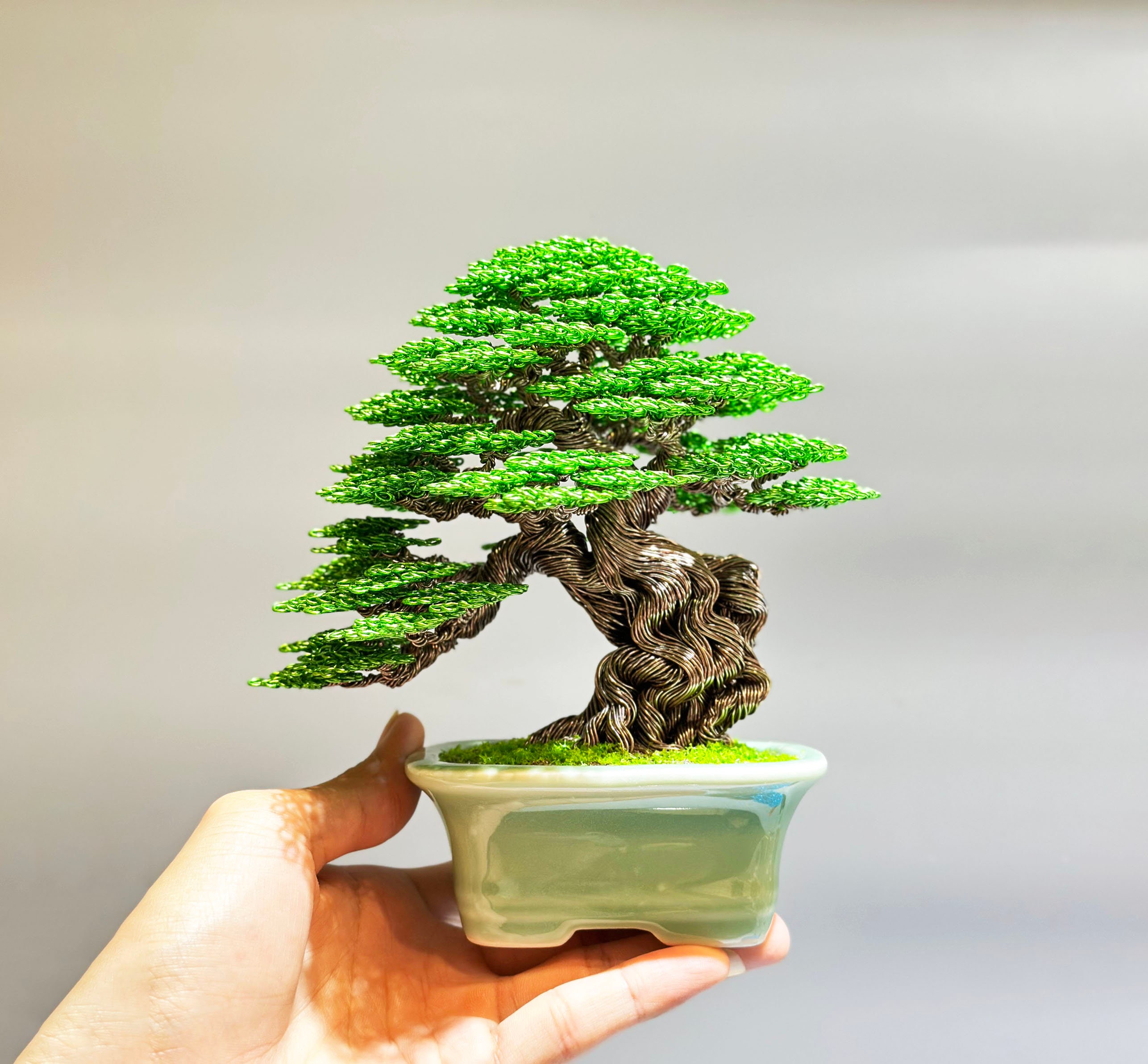 Wire Bonsai Tree With Green Leaves, Home Deco, Handmade Japanese Pot ...