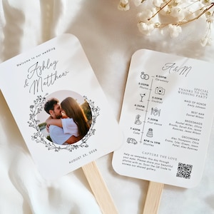 Infografik Hochzeitsfan Programm Wildblumen Template Canva, Gefaltete Hochzeitsfächer Timeline mit Bild & QR Code, Ablaufplan A02
