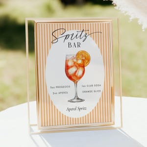 Modelo de Placa de Bar Aperol Spritz Editável no Canva, Bebida Spritz de Casamento, Cartão de Receita de Cardápio de Bar de Coquetéis Spritz, Listras Vintage S02