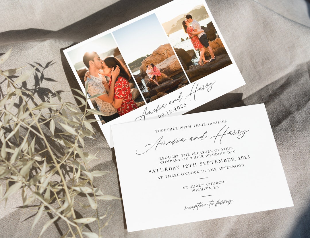 Landscape Wedding Invitation Template With Photo Collage, Simple