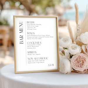 Modern Bar Menu Sign Canva Template, Printable Detailed Wedding Bar Drinks Menu Beers Wines Sodas, Editable Minimalist Open Bar Signage, S01