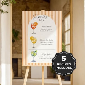 Aperol Hugo Limoncello Spritz Bar Zeichen Canva Vorlage bearbeitbar, Cocktail Spritz Rezeptkarte, Hochzeitsbar Menü Staffelei, Bogen Retro Streifen S02