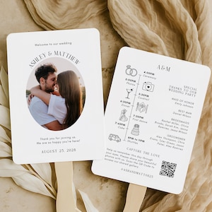 Infographic Wedding Fan Program Template Canva, Personalized Folded Wedding Fan Timeline with Photo & QR Code, Order of Events Itinerary A02