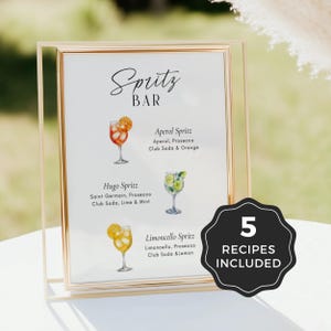 Aperol Hugo Limoncello Spritz Bar Schild Bearbeitbare Canva Vorlage | 5 Cocktail Aperol Spritz Rezeptkarten Aquarell | Minimalistische Hochzeits-Bar