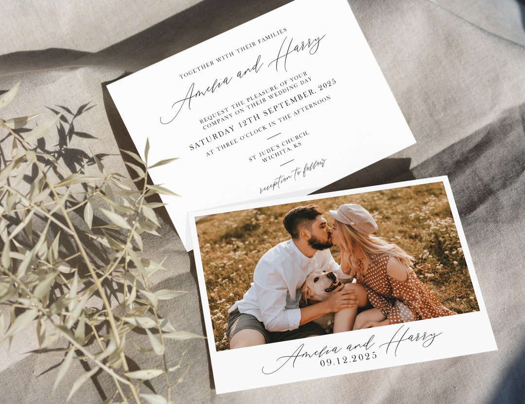 Horizontal Wedding Invitation Template With Photo, Modern Minimalist