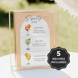 Plantilla editable de Canva para letrero de bar de Aperol Hugo Limoncello Spritz, tarjetas con recetas de cócteles y spritz, menú de bar para bodas, Arch Retro Stripes S02