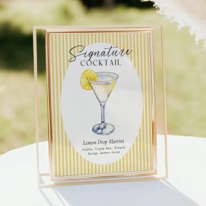 Lemon Drop Martini Bar Zeichen Canva Vorlage bearbeitbar, Lemon Drop Martini Signature Drink, Cocktailrezeptkarte, Martini Bar Retro Stripes S02