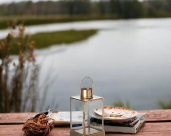 Golden Glow: Small Antique Gold Lantern - Rustic Chic Decor for Any Occasion