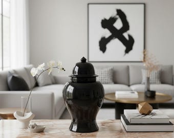Ornamento minimalista em cerâmica preta, estilo jarro de templo - peça decorativa artesanal para casa.