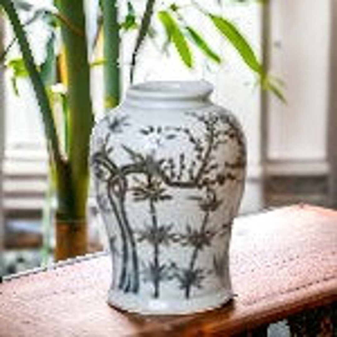 Elegant Asian Ceramic Floor Vase Bamboo Motif, Large Decorative Vase