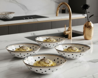 Contemporary Black and White Dot Ceramic Pasta Bowls with Gold Trim