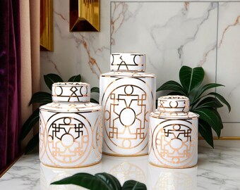Elegant White and Gold Ceramic Decorative Jar - Handcrafted Home Decor