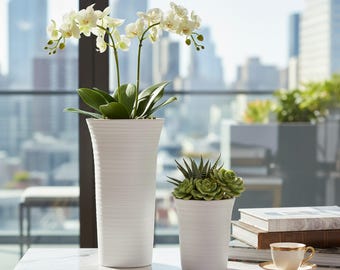 Minimalist Scandinavian Inspired Set of 2 Ceramic White Plant Pots - Modern Home Decor