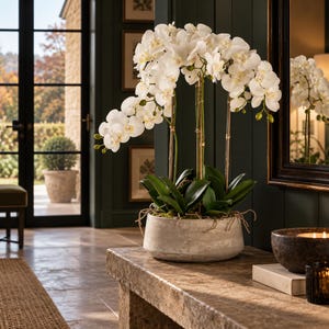 Large White Artificial Orchid | Realistic Faux Orchid Arrangement | Potted Orchid Plant